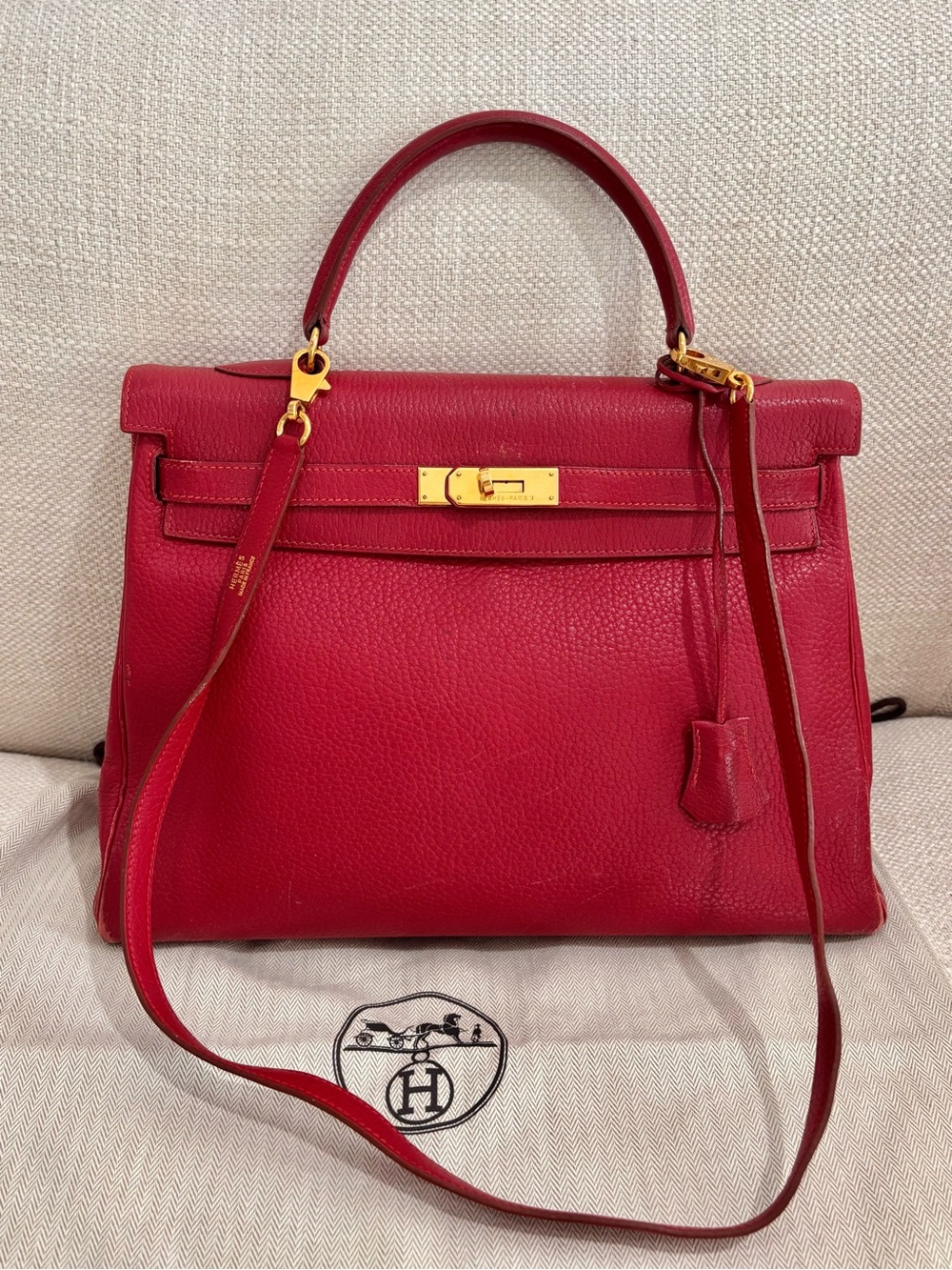 Authentic HERMES KELLY 35 red fjord leather with strap gold hardware